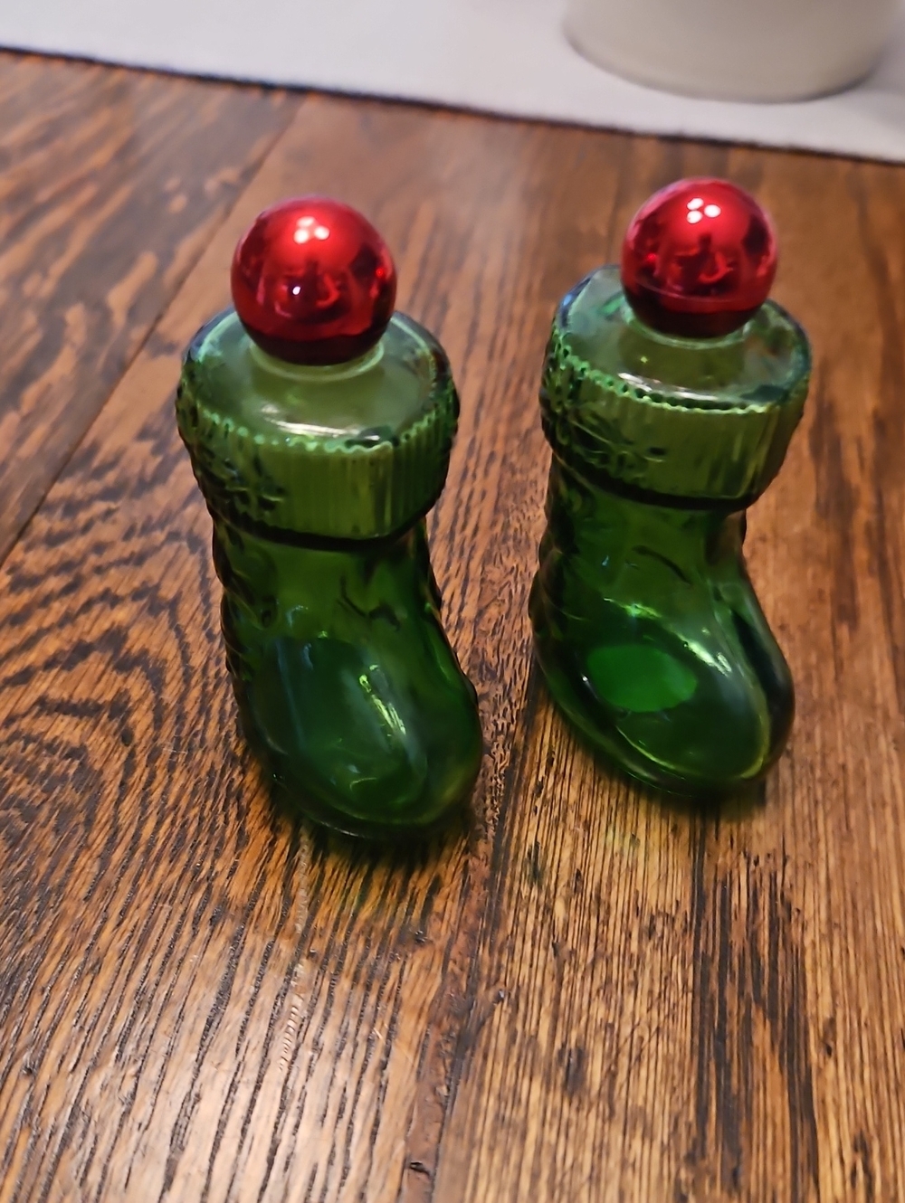 Avon Green Glass Christmas Boot with Red Ball Tops